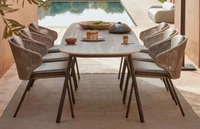 Hotel Cafe Shop Outdoor Furniture Dining Table Armrest Rattan Rope Chair Set Aluminum Leg Villa Garden Patio Dining Set
