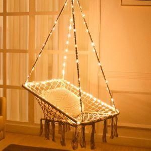 Hammock Chair with LED Lights - Cotton Square Shape Marame Swing Chair for Patio Bedroom Balcony