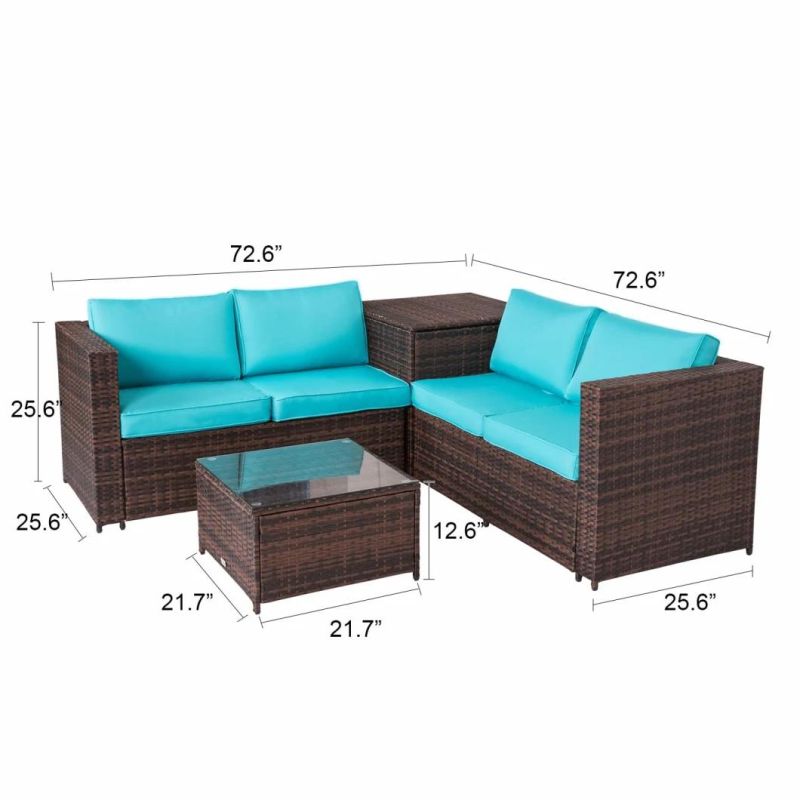 4 PCS Outdoor Dark Brown All-Weather Rattan Wicker Patio Loveseat Sofas Blue Cushion Seat Set Lawn Furniture with Storage Table