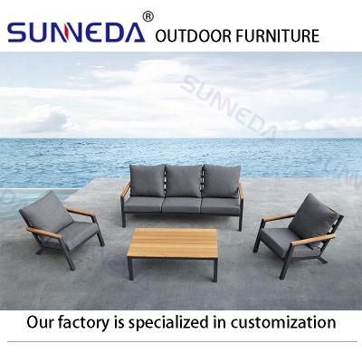 Metal Teak Wood Sofa Coffee Table Set with Cushion Outdoor Furniture