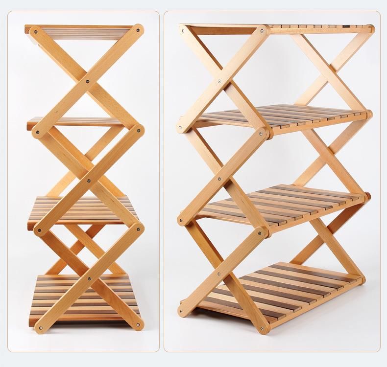 4 Layers Shelf Natural Color Beech Wooden Shelf for Camping Hiking Folding Outdoor Furniture Shelf