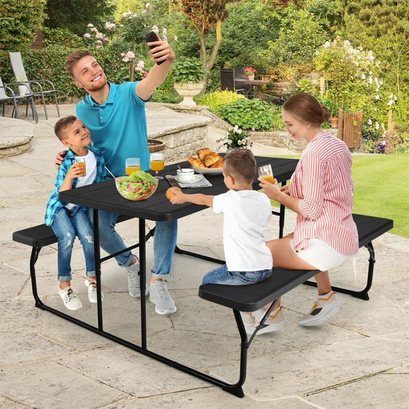 Metal Frame Outdoor Foldable Woodgrain Picnic Folding Table with Bench Set