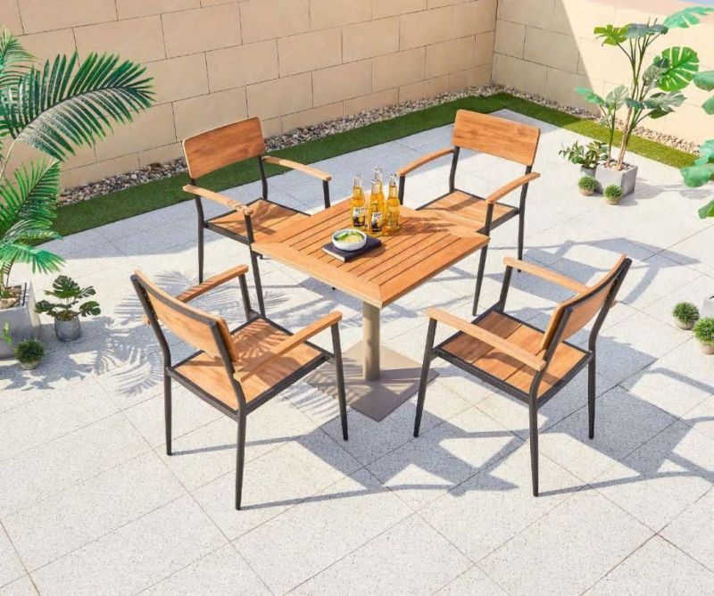Outdoor Plastic Wood Top Patio Dining Chair with Aluminum Frame Leisure Bistro Chair with Table Set