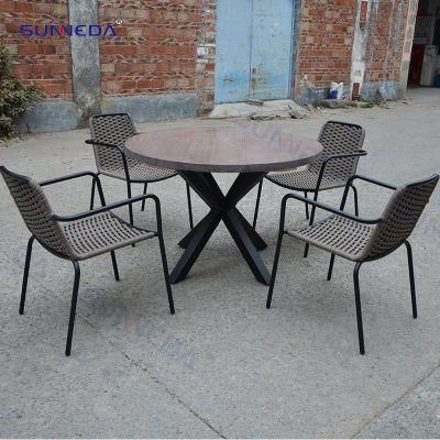 Outdoor Hotel Garden Patio Waterproof Rattan and Aluminium Dining Chairs with Table with Teak Wood Table Board Outdoor Furniture Sets
