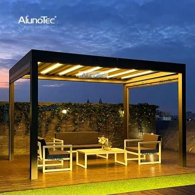 Garden Motorized Louvered Roof Outdoor Waterproof Tent Patio Aluminium Awning Pavilion Gazebo Pergola with LED Light