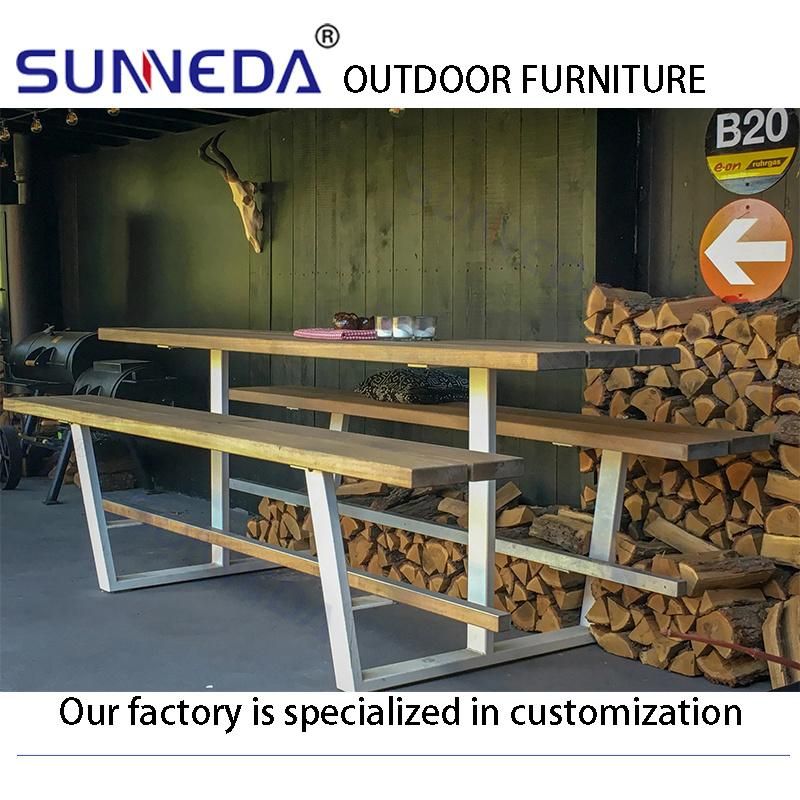 Outdoor Iron Square Tube Frame with Eucalyptus Wood Bench Table Set