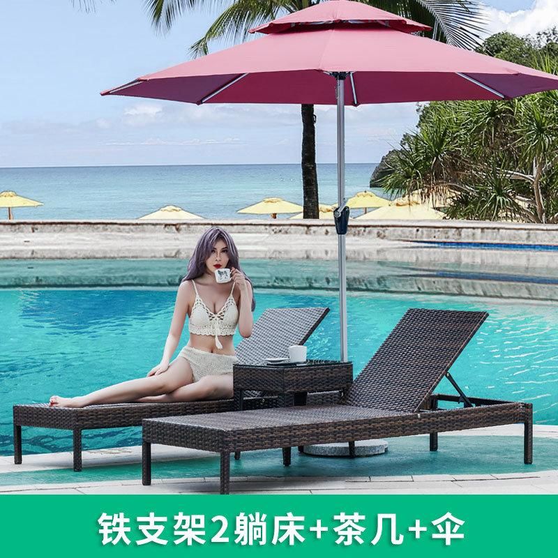 Outdoor Rattan Lounging Beach Chair Reclining Aluminum Folding Relaxing Mat Chair Lounge Footrest Beach Chairs