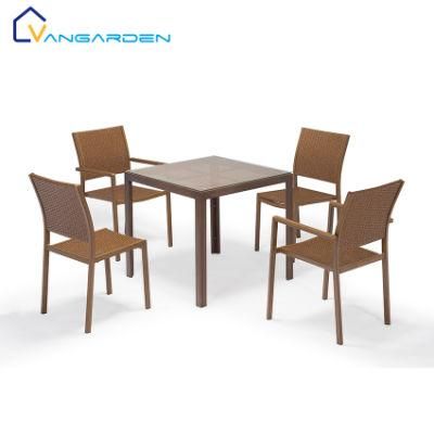 4 Seater Wooden Finish Aluminum Outdoor Dining Table and Chair Rattan Set