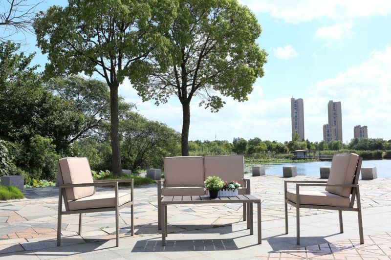 Plastic Patio Wood Grain Coffee Sets in 4 Seater in 1 Converstation Sets in Wooden Furniture Garden Outdoor Camping Patio Hotel Used for Camping Leisure Sofa