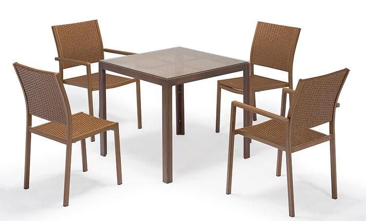 4 Seater Wooden Finish Aluminum Outdoor Dining Table and Chair Rattan Set