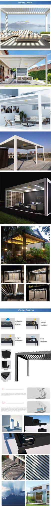 DIY Motorized Waterproof Louver Roof Aluminum Pergola with LED Lights for Outdoor