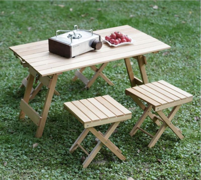 Outdoor Wooden Garden Furniture Chair Solid Beech Wood Coffee Table Patio Courtyard Lounge Leisure Garden Camping BBQ Table and Chair Sets 4 Layer Shelf