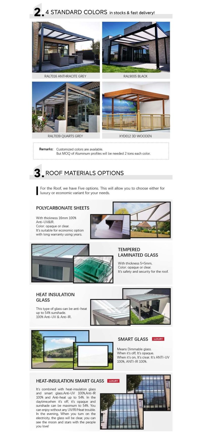 Wholesale European Designs Outdoor Garden Powder Coating Aluminum Alloy Veranda Glass Polycarbonate Sheet Pergola Canopy Patio Roof Terrace Beams Profiles