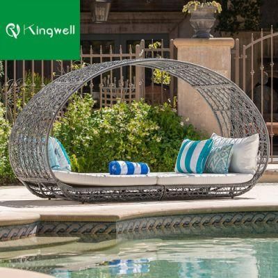 Round Rattan Outdoor Patio Garden Sun Lounge Chaise with Sunbed Swimming Pool Furniture