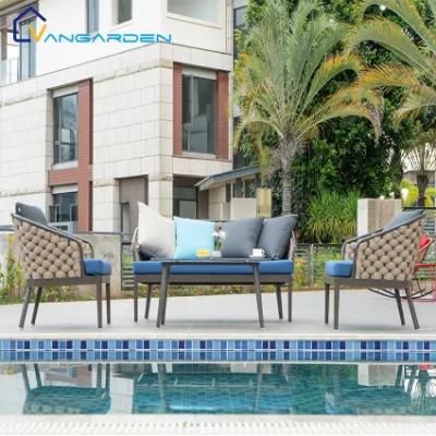 4 PCS Modern and Upscale Wide Rope Garden Sofa Dining Set Outdoor Furniture