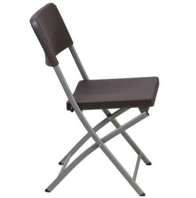 Outdoor-Indoor Brown Rattan Plastic Folding Chair with Gray Frame
