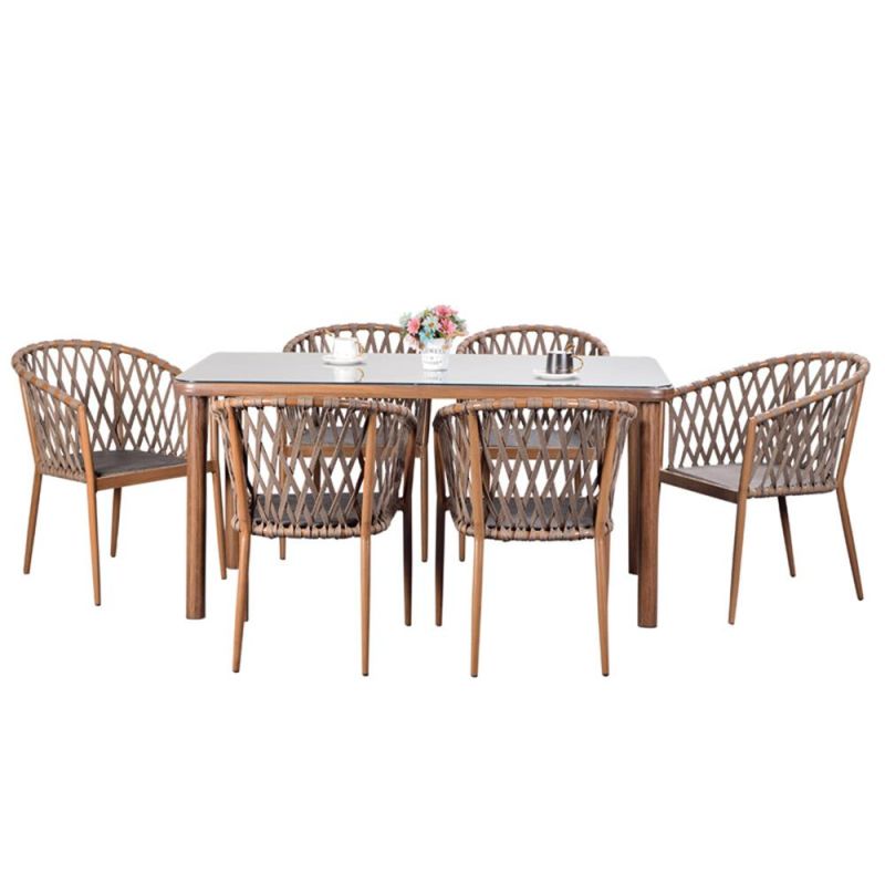 Aluminum Frame Olive Rope Dining Room Table Chair Furniture Set