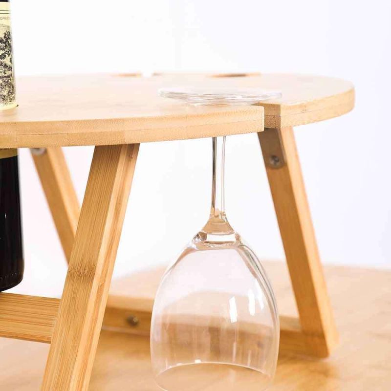 Round Wine Picnic Table with Bottle & Glass Holder Portable Bamboo Picnic Table Small Outdoor Folding Table Wooden Small Wine Table
