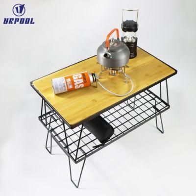 Portable Outdoor Camping Barbecue Folding Table Outdoor Foldable Table with Iron Grid Double-Layer Wild Table