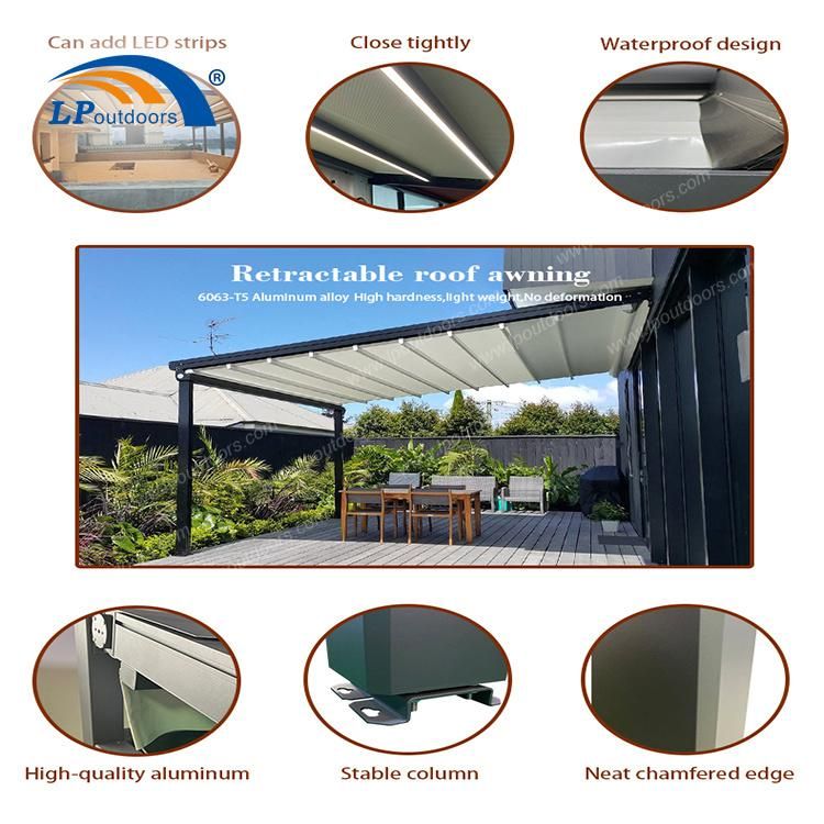 Large Size Pergola Customized Openable Waterproof Fabric Roof Shelter for Outdoor Diner Place