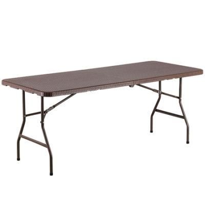 Black Brown 6FT Rectangle Portable Fold-in-Half Plastic Rattan Folding Table