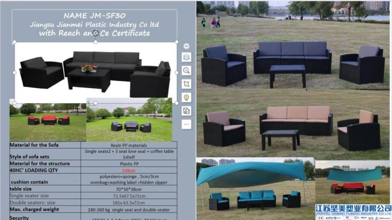 Black Color Pure Polythene 5 Seatplastic Sofa Set with Tiffany Blue Red Coal Grey Polyesters Sponge Cushion Unde Euro SGS Azo En581 Testing Report Reach Testing