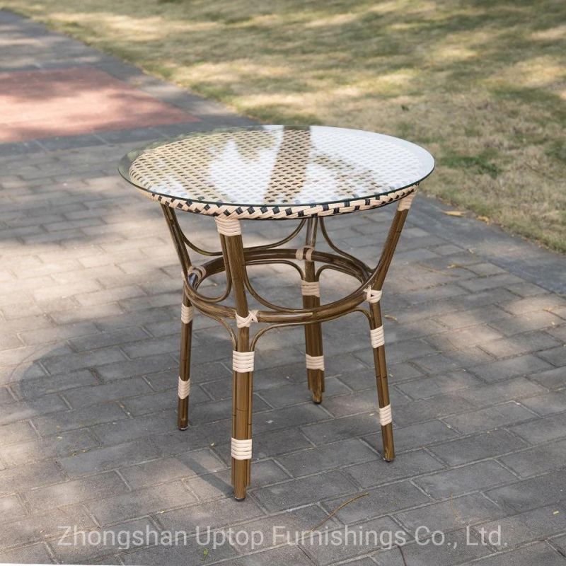 (SP-AT410) Restaurant Dining Outdoor Plastic Rattan Table with Glass Top