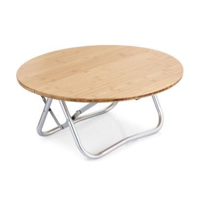Custom Logo Outdoor Good Quality Aluminum Frame Bamboo Wood Top Foldable Round Wooden Table