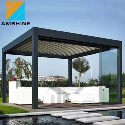 Outdoor Aluminum Sun Shade BBQ Pergola Sap Louver Roof Motorized Rainproof Bioclimatic Gazebo Garden with Lighting