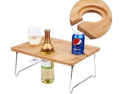 Outdoor Wine Picnic Table, Large Folding Portable Bamboo Snack &amp; Cheese Tray with 4 Wine Glasses Holder for Concerts at Park, Beach