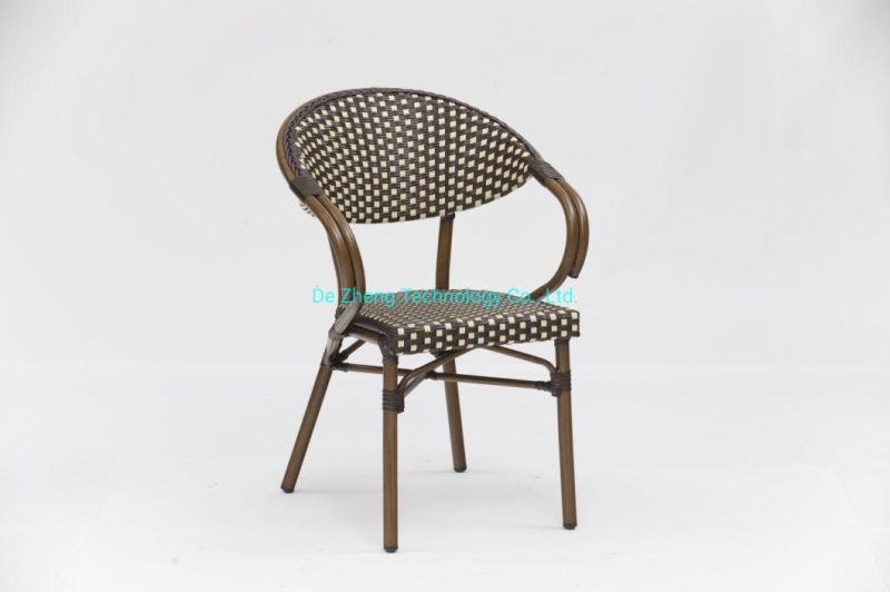Wholesale Commercial Aluminum Frame Plastic Rattan Wicker Stackable Chair Bistro Hotel Patio Cafe Armrest Cane Chairs
