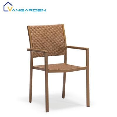 Indoor Outdoor French Wood Finish Wicker Rattan Back Woven Dining Chair Arms