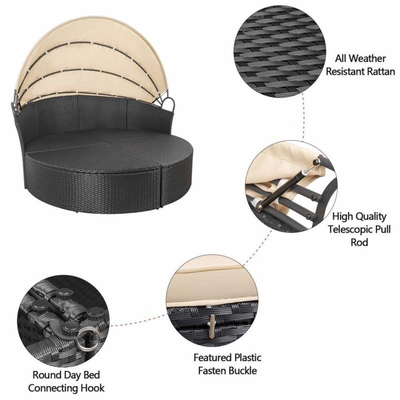 Outdoor Patio Round Daybed with Retractable Canopy Rattan Furniture Sectional Seating with Washable Cushions for Patio Backyard Porch Pool Patio Daybed Separate