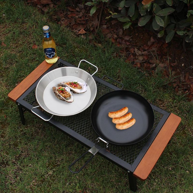 Outdoor Anti-Scalding Wooden Handle Camping Barbecue Iron Table Convenient Folding Net Camping Table