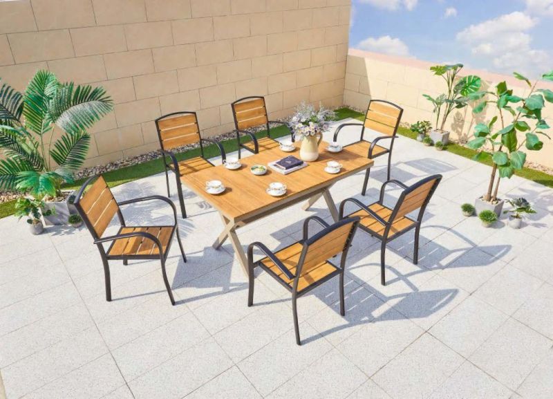 New Outdoor Garden Dining Table and Chair Set Leisure Furniture Sets Plastic Wood Dining Set