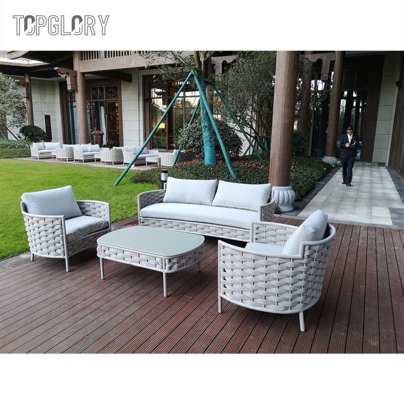 Modern Home Furniture Commercial Hotel Aluminum Outdoor Rope Leisure Sofa Set with Coffee Table
