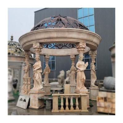 Garden Decorative Gazebo with Carved Marble Lady Sculptures and Metal Roof