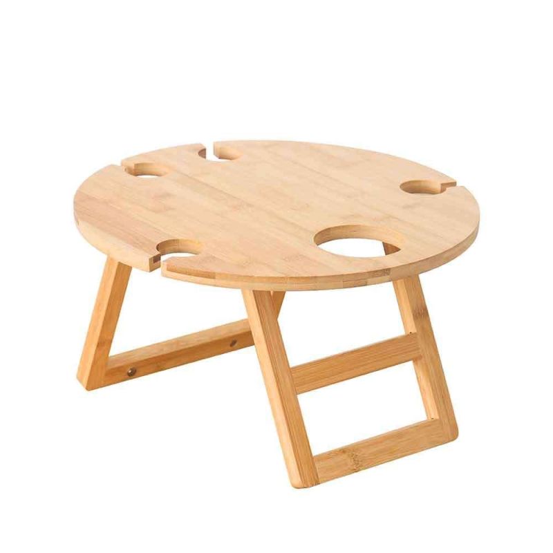 Round Wine Picnic Table with Bottle & Glass Holder Portable Bamboo Picnic Table Small Outdoor Folding Table Wooden Small Wine Table