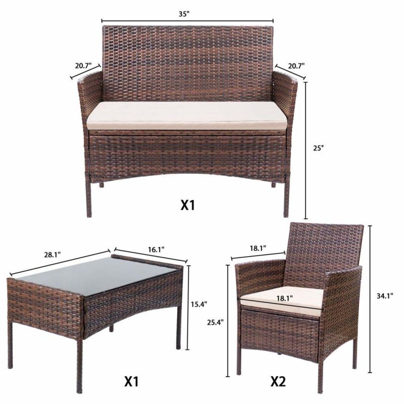 4 Pieces Outdoor Patio Furniture Sets Rattan Chair Wicker Set, Outdoor Indoor Use Backyard Porch Garden Poolside Balcony Furniture (Medium)