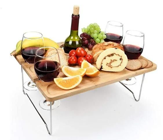 Outdoor Wine Picnic Table, Large Folding Portable Bamboo Snack & Cheese Tray with 4 Wine Glasses Holder for Concerts at Park, Beach