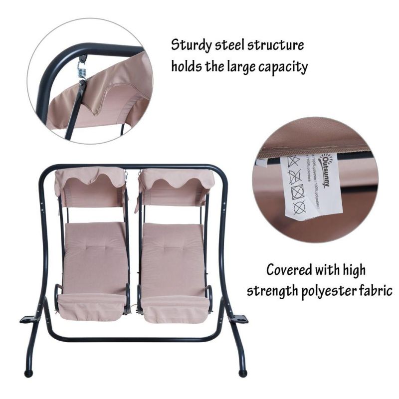 Waterproof 2 Seat Modern Outdoor Swing Chairs with Handrails and Removable Canopy - Beige