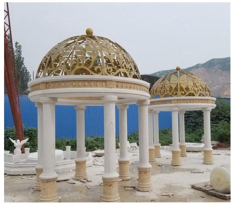 Round Gazebo with White Marble Columns and Golden Metal Roof