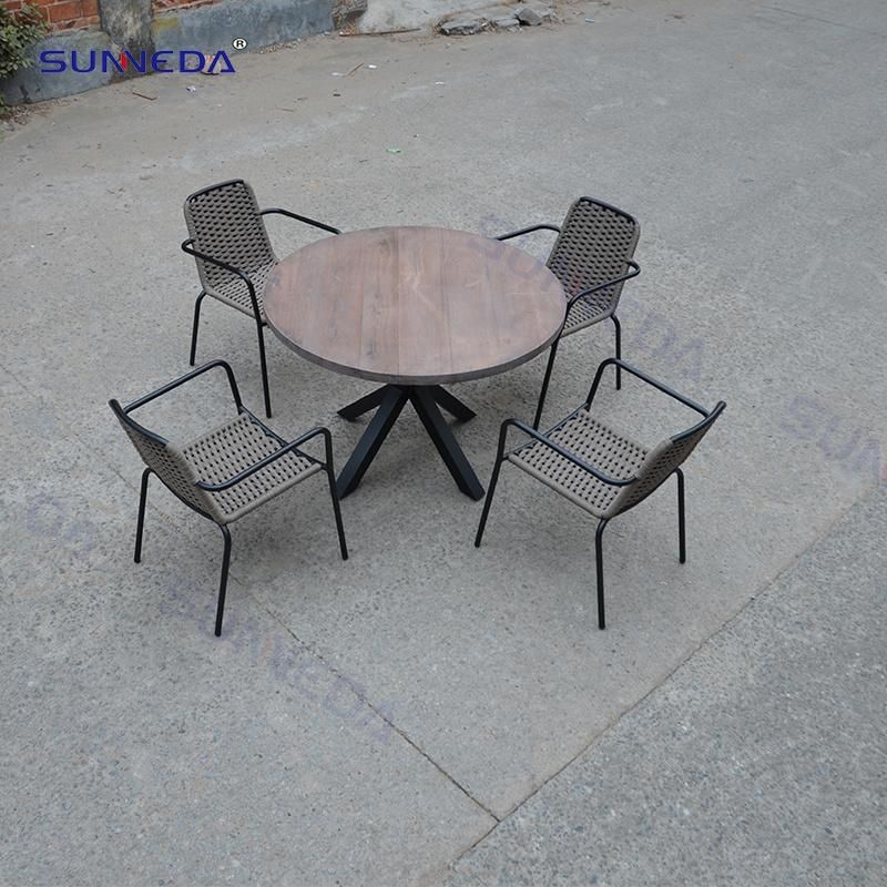 Outdoor Hotel Garden Patio Waterproof Rattan and Aluminium Dining Chairs with Table with Teak Wood Table Board Outdoor Furniture Sets