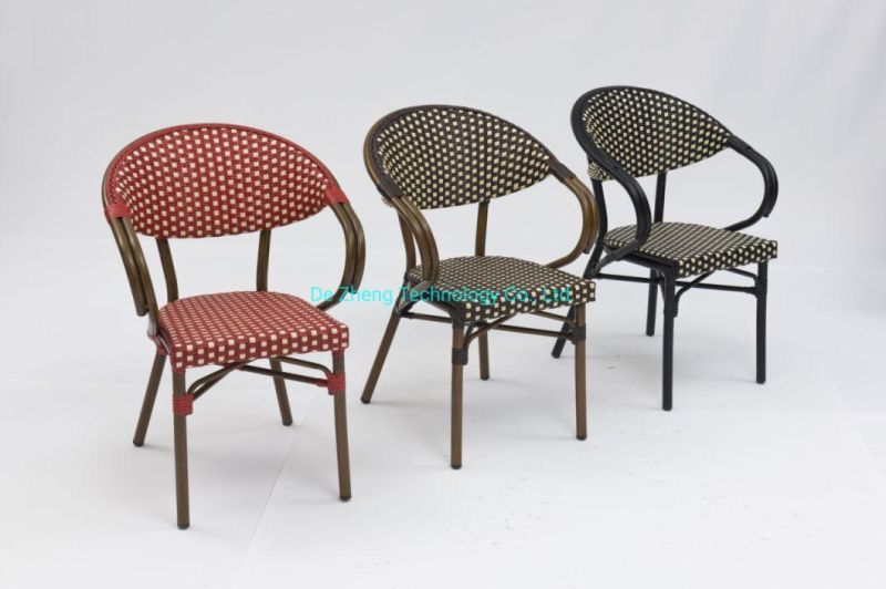 Wholesale Commercial Aluminum Frame Plastic Rattan Wicker Stackable Chair Bistro Hotel Patio Cafe Armrest Cane Chairs