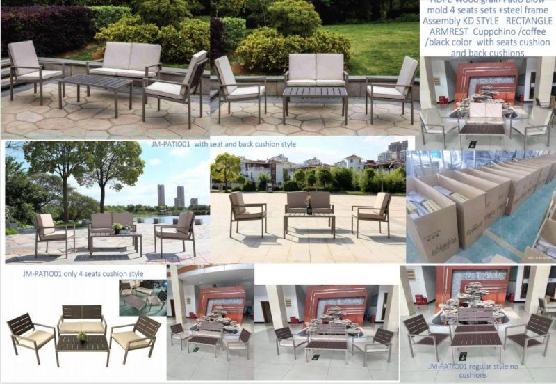 Factory Leisure Hottest Sales European Style Garden Sofa Sets Modern Set in Patio for Hotel Steel Frame PE Table Chair Top in Wood Grain Patio Sofa Set in Villa