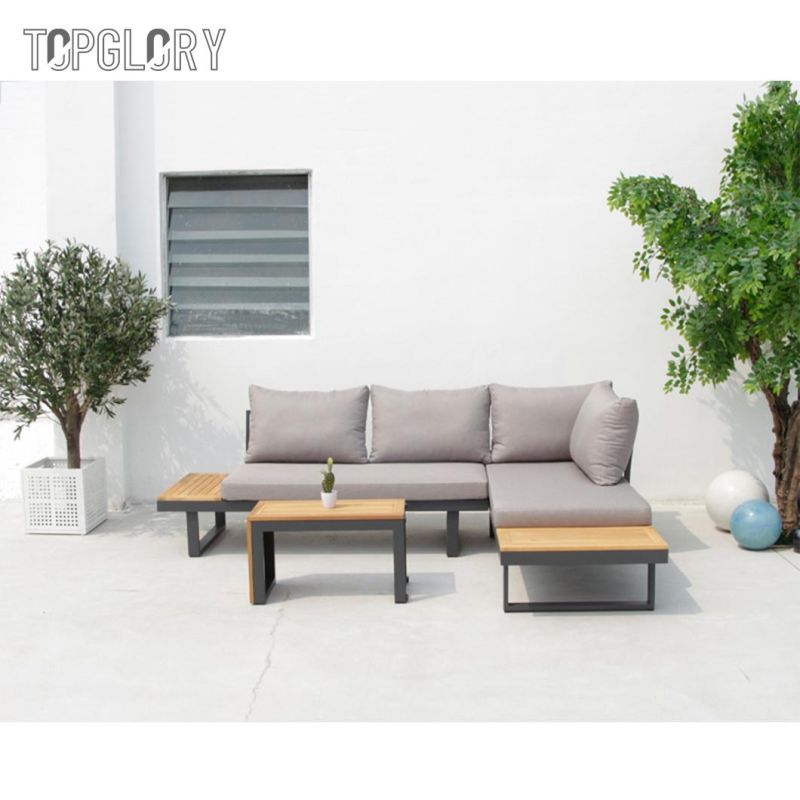 Outdoor Home Hotel Furniture Aluminium Frame Wooden Free Sectional Lounge Corner Sofa Set