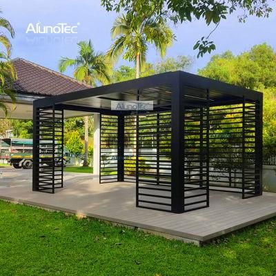 AlunoTec Waterproof Sun Shading Pergolas Bioclimatic Louvered Roof Gazebo with Curtain