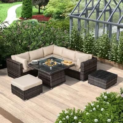 New Lay Down Patio Rattan Sofa Corner Sofa Fire Pit Inside Table