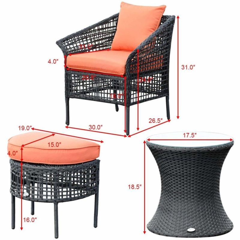 5PCS Patio Rattan Sofa Ottoman Furniture Set Outdoor Garden Lawn Wicker Rattan Conversation Sofa Set W/Cushions (Orange)