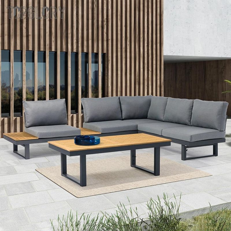 Aluminum Frame Outdoor Teak Sectional Corner Sofa with Side Coffee Table